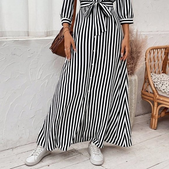 Black Boho Womens Striped Belted Shirt Dress - Picture 5 of 5